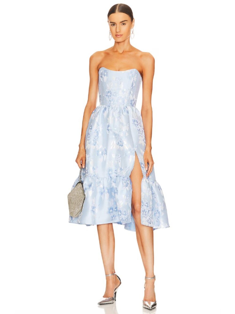 V. Chapman Light Blue Floral Jacquard Virginia Strapless Corset Midi Dress